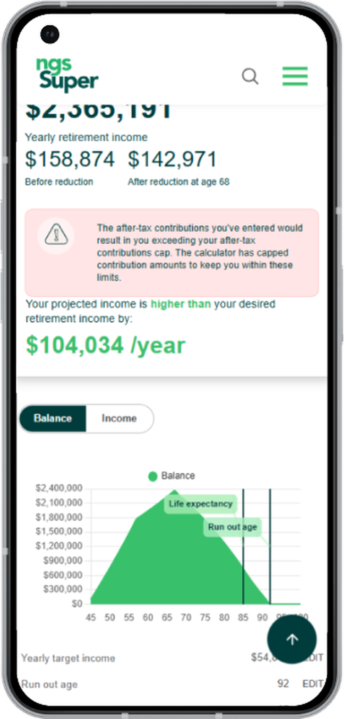 The Super Calculator on a mobile phone, showing a projected balance chart and a contribution cap warning